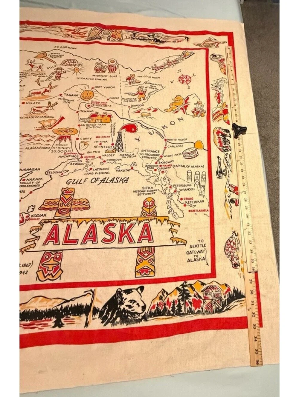 Vintage Alaska Souvenir State Map Tablecloth Wall Hanging 47x48 Linen